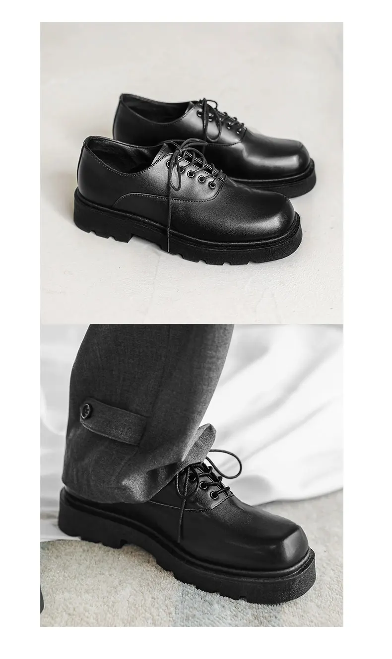 أحذية رجالية رسمية بكعب مسطح ورباط، لون موحد، نعل سميك، تصميم فريد وعصري، أحذية جلدية بأسلوب جديد