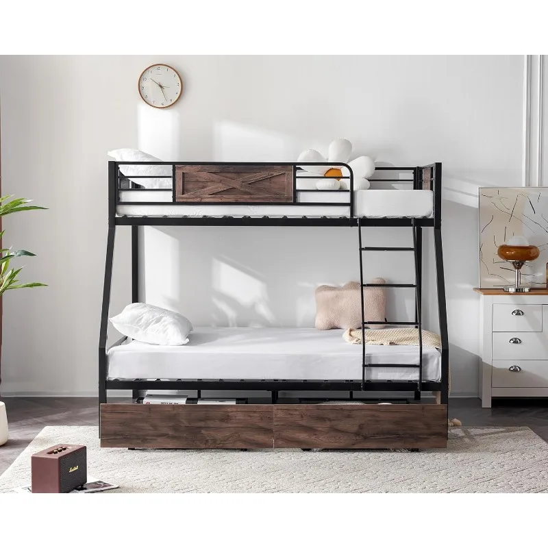 Double Bed, Full Size, 2 Storage Drawers/flat Steps/inclined Ladders, Heavy Duty Metal Plate Support, No Box Spring Required 2