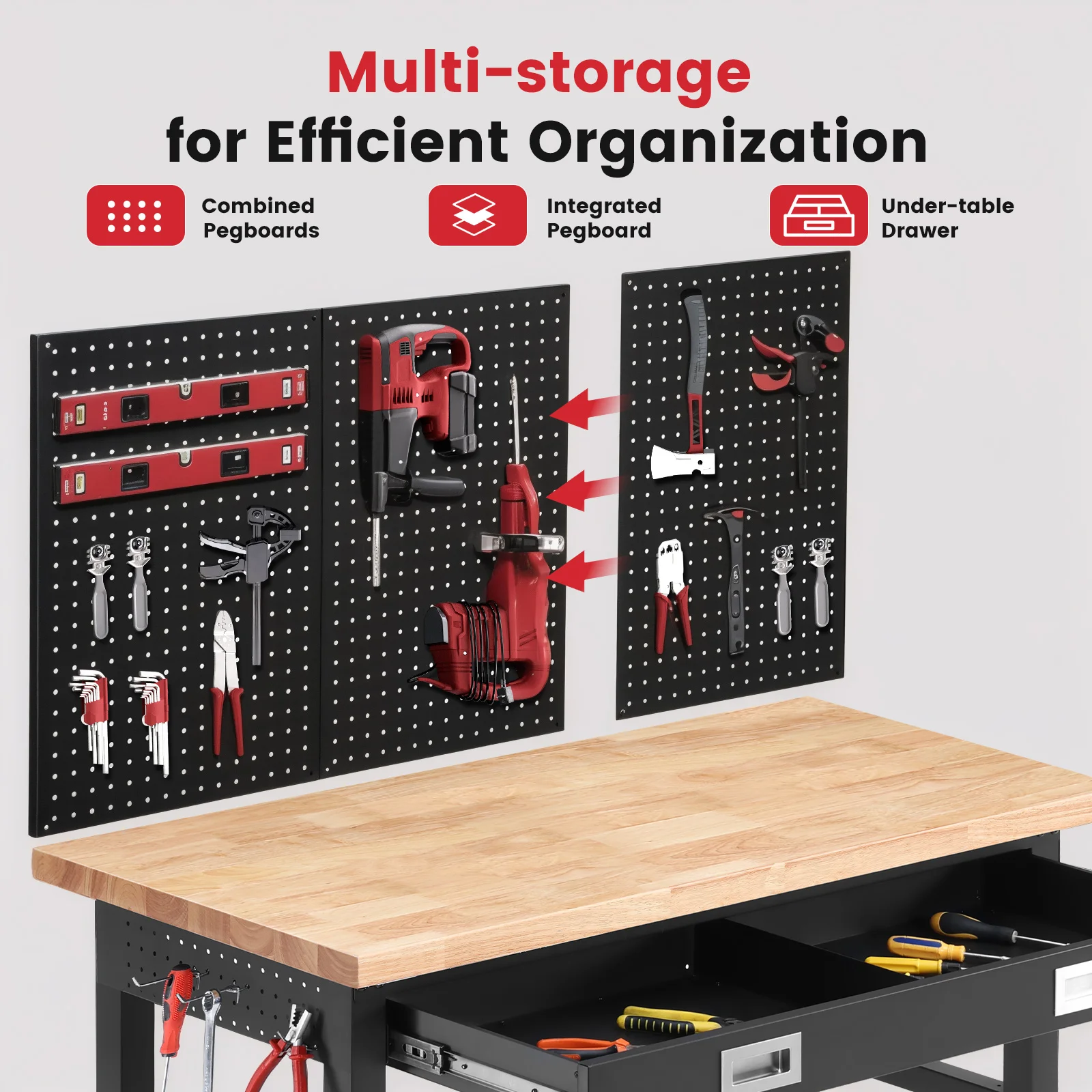 Wood Work Bench with Drawer and Storage Pegboards for Woodworking