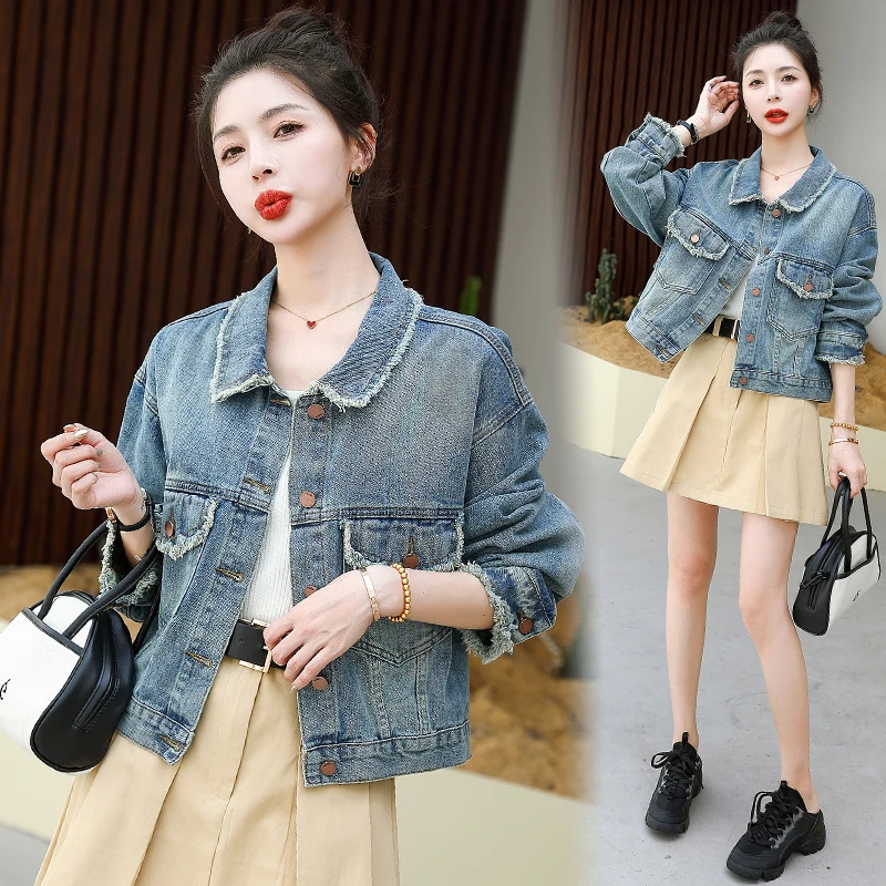 

2023 New Spring Korean Simple Fashion Vintage Loose Appears Thin Women Denim Long Sleeve Tops Z152