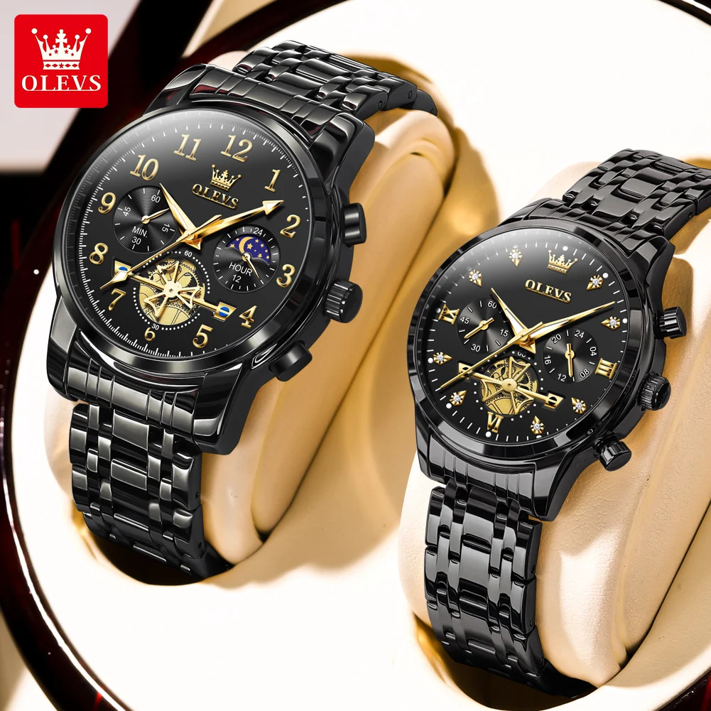 OLEVS Quartz Couple Watch Luxury Brand Waterproof Lunar Phase Timing Code Watch Elegant and Romantic Lover His Her Couple