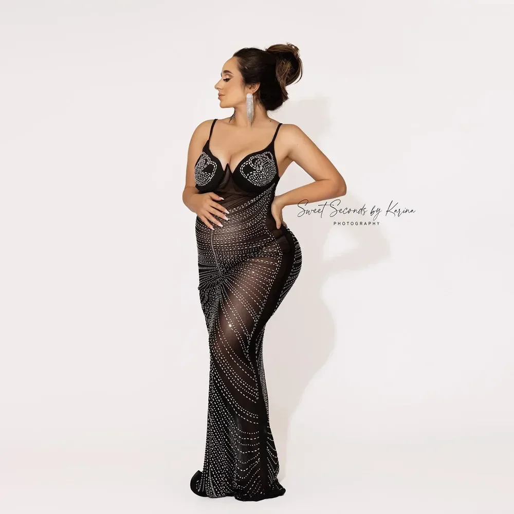 

Crystals Maternity Photography Props Dress Fashion Black Mesh Sheer Maxi Dress For Photo Shoot