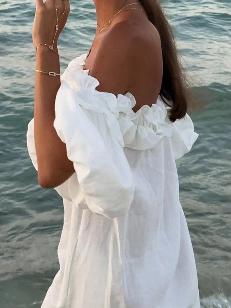 

Sexy Slash Neck White Women Dress Fashion Elegant Beach Party Holiday Casual Dresses New Female Ruffles Lantern Sleeve Vestidos