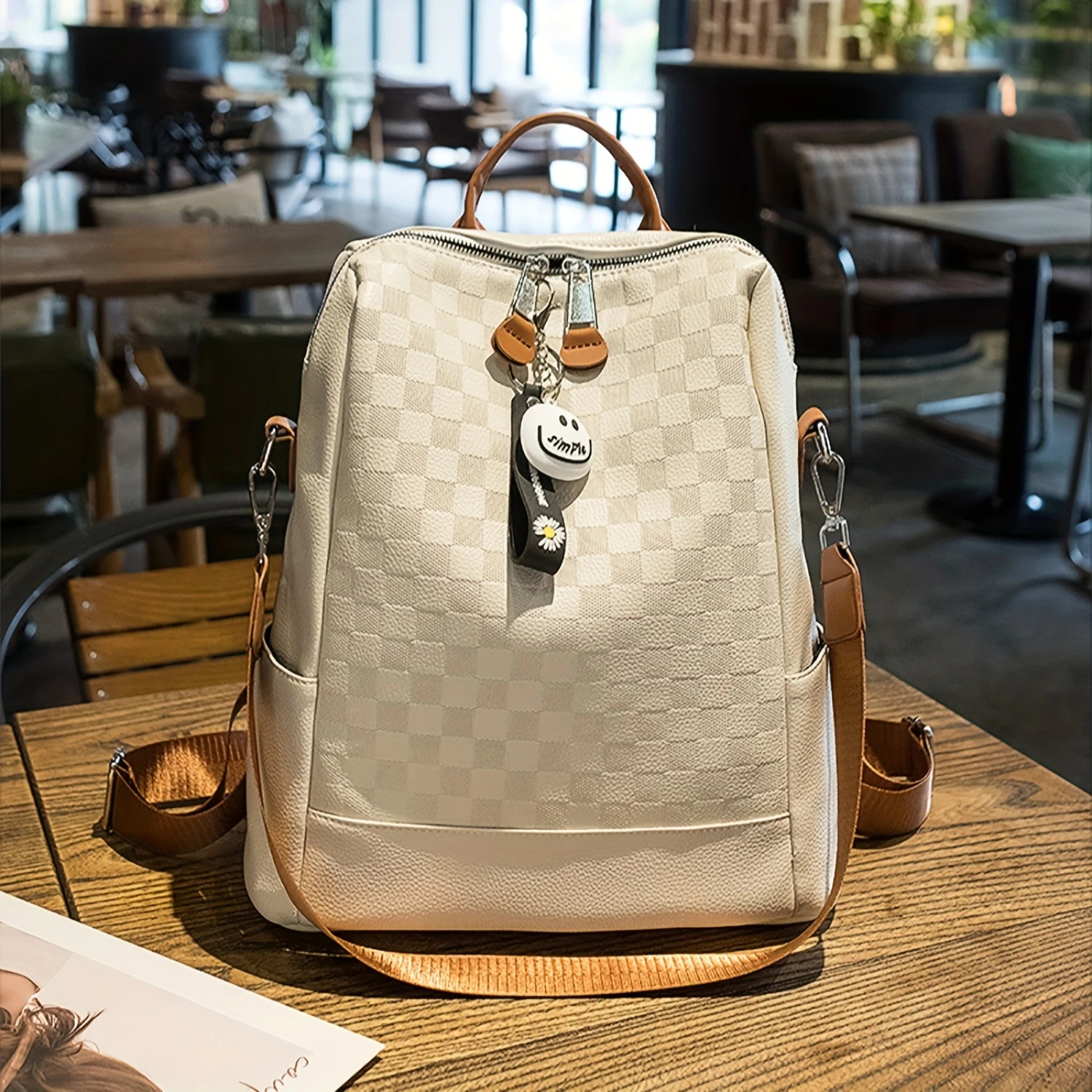 Fashion Checkered Print Backpack, Anti-Theft Convertible Travel Daypack ...