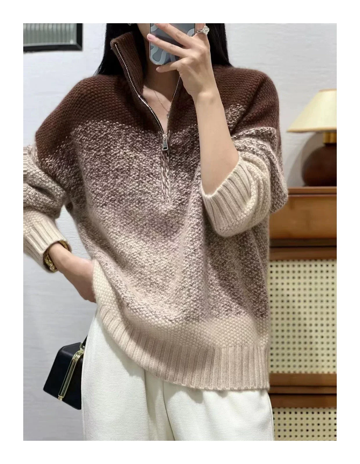 

Heavy 100% cashmere zipper yarn gradient gray contrast thickening sweater lapel pullover bottoming