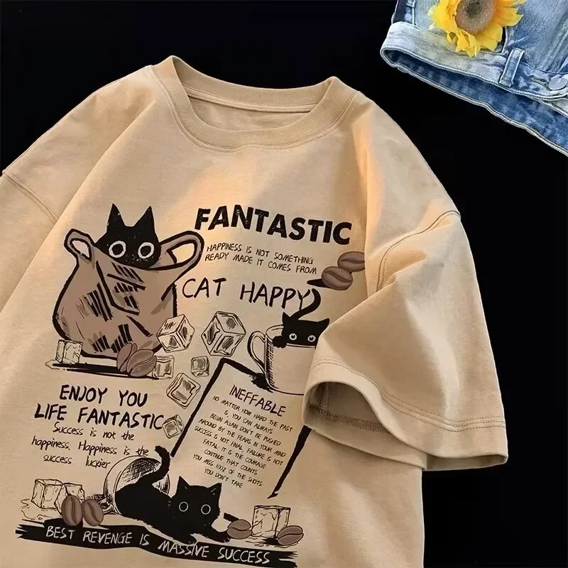 Front view of a unisex cartoon print T-shirt laying flat
