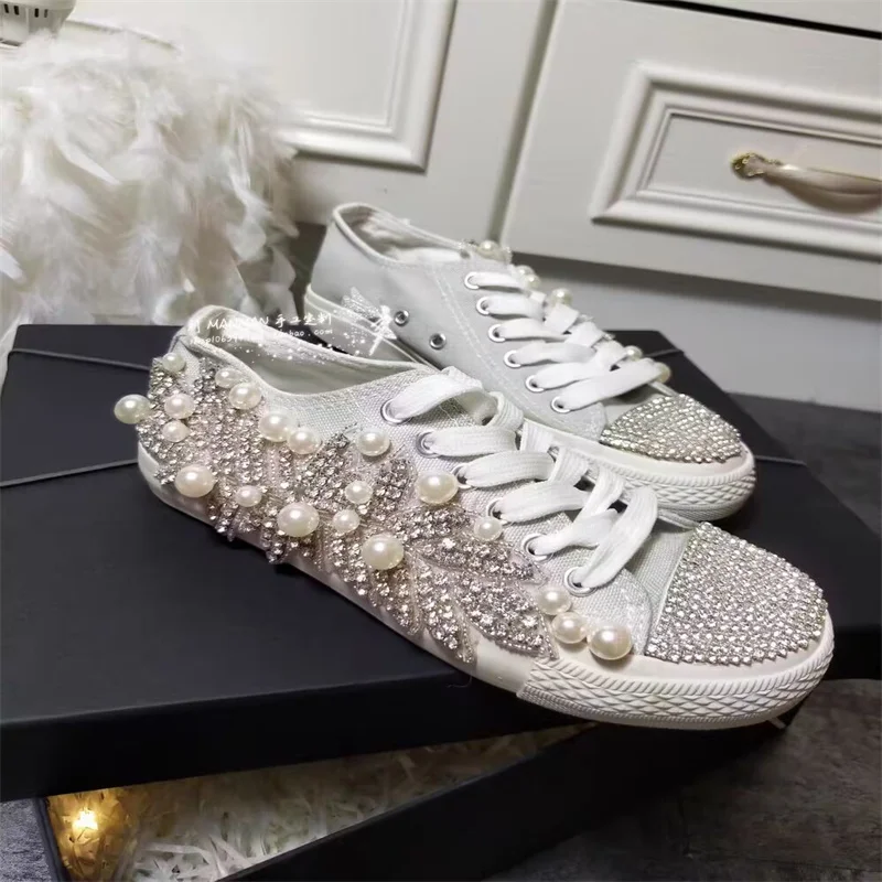 

Classic handmade custom canvas shoes pearl rhinestones spring and autumn lace-up casual shoes men and women plus size 35-46