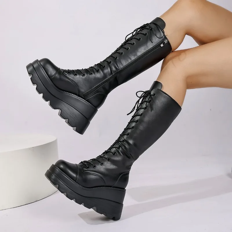 Women's Large Size 35-43 Boots New Round Toe Wedge Lace Thick Sole Zipper Mid-Tube Boots Hot Girl Style High-Enhanced Shoes