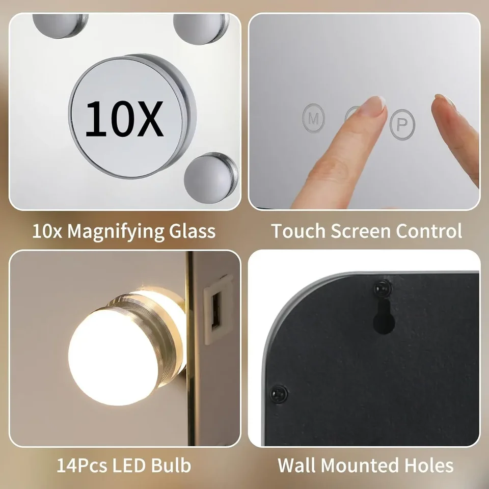 GLOWPro Hollywood Vanity LED Mirror - 15 Dimmable Bulbs With USB Port 58x46cm