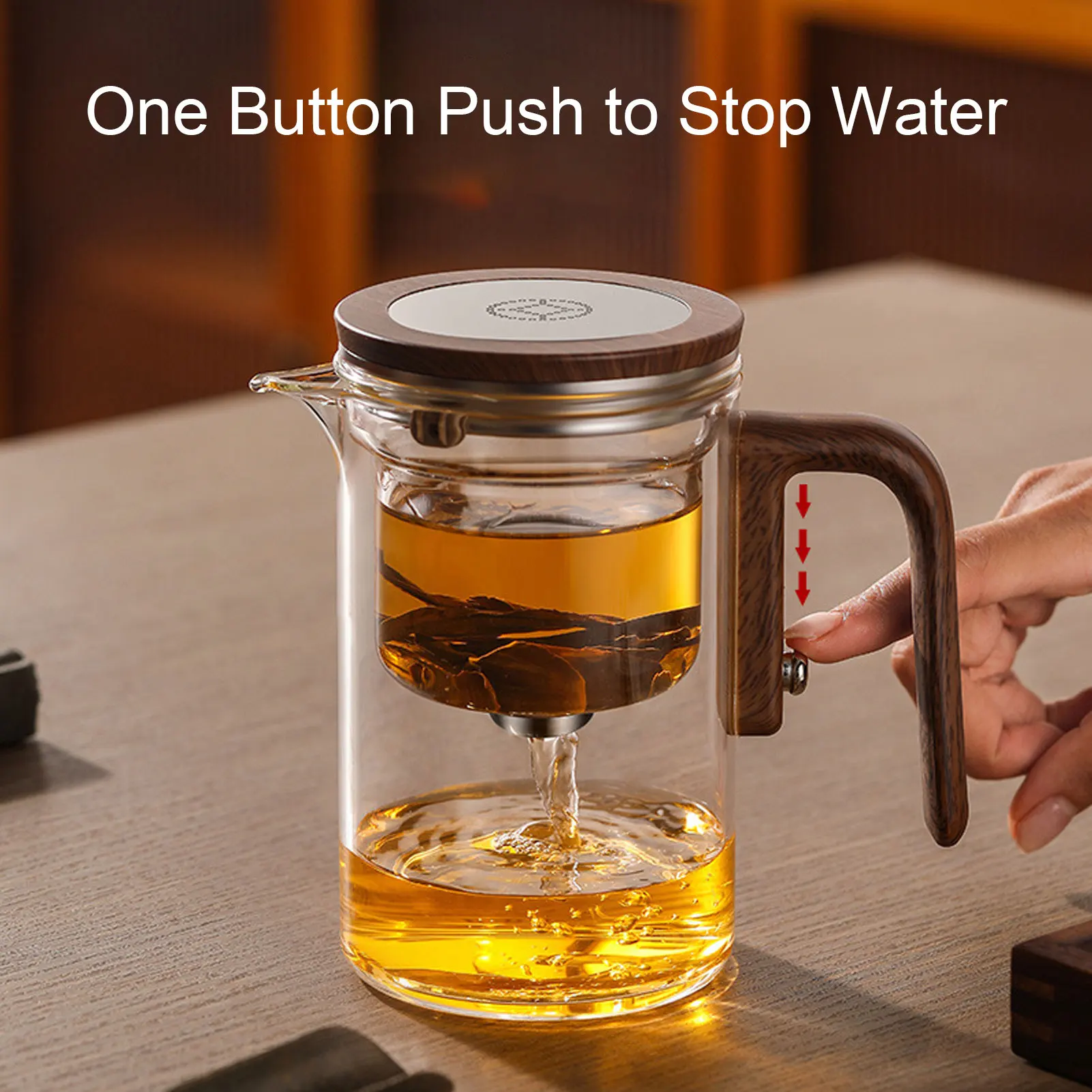 Clear Tea Pot Water Separation Glass Teapot with Strainer 800ml Clear Tea Pot with Wooden Handle Secure Lid Magnetic