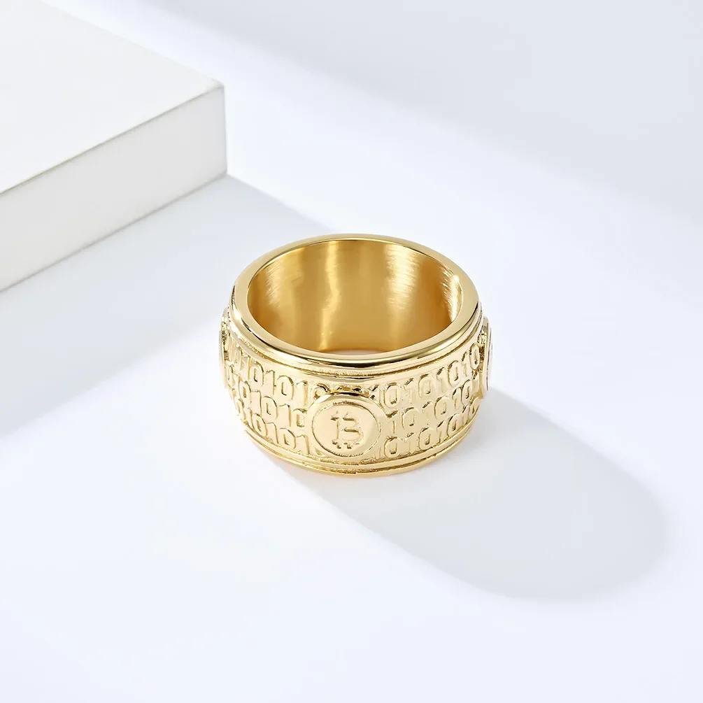 Large Big Stainless Steel Statement Bitcoin Silver Black Gold Plated Ring Hip Hop Jewelry for Men 4