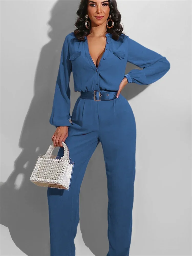 Wmstar 2024 Women Jumpsuit Solid Color Long Sleeves Pants with Clothing Fall  Casual Wear Wholesale Dropshipping Excluding Belt