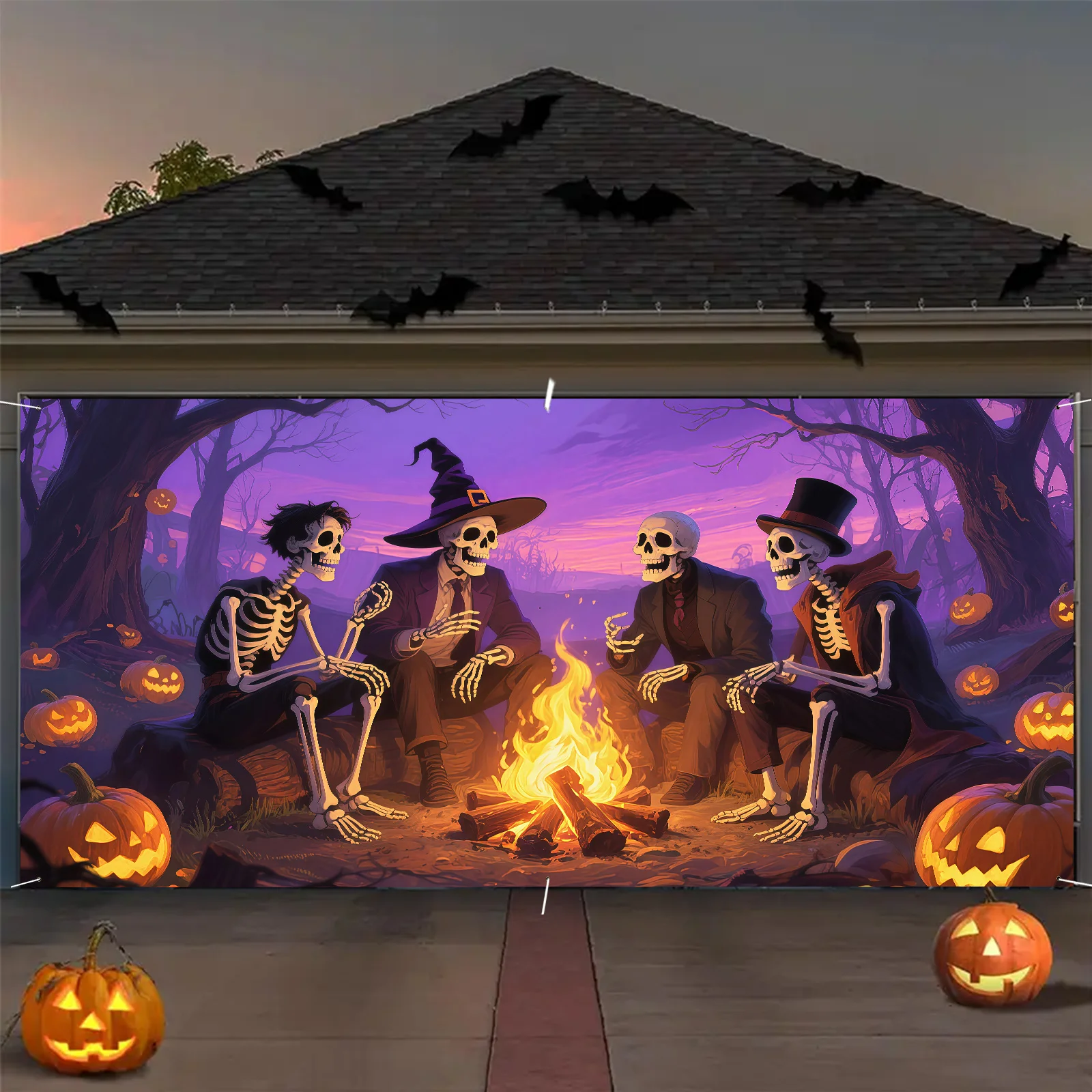 1-teilig aus Polyester mit einer extra großen Halloween-Garagentor-Banner-Dekoration und einem Totenkopf-Hintergrund – Detail 8