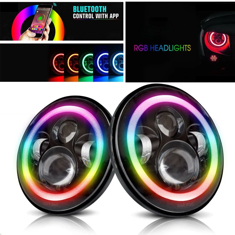 

7-дюймовые дневные фары RGB Halo Ring Angel Eyes, круглые многоцветные DRL Bluetooth пульт дистанционного управления для Jeep Wrangler JK TJ 1976-2017