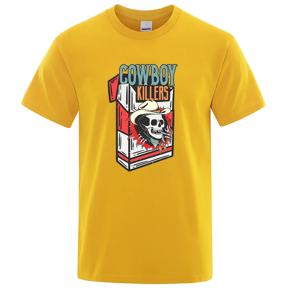 

Футболка мужская в ковбойском стиле, дышащая модная тенниска с принтом скелета убийц и сигарет-бокса, модная рубашка свободного покроя, хлопковая одежда, топы