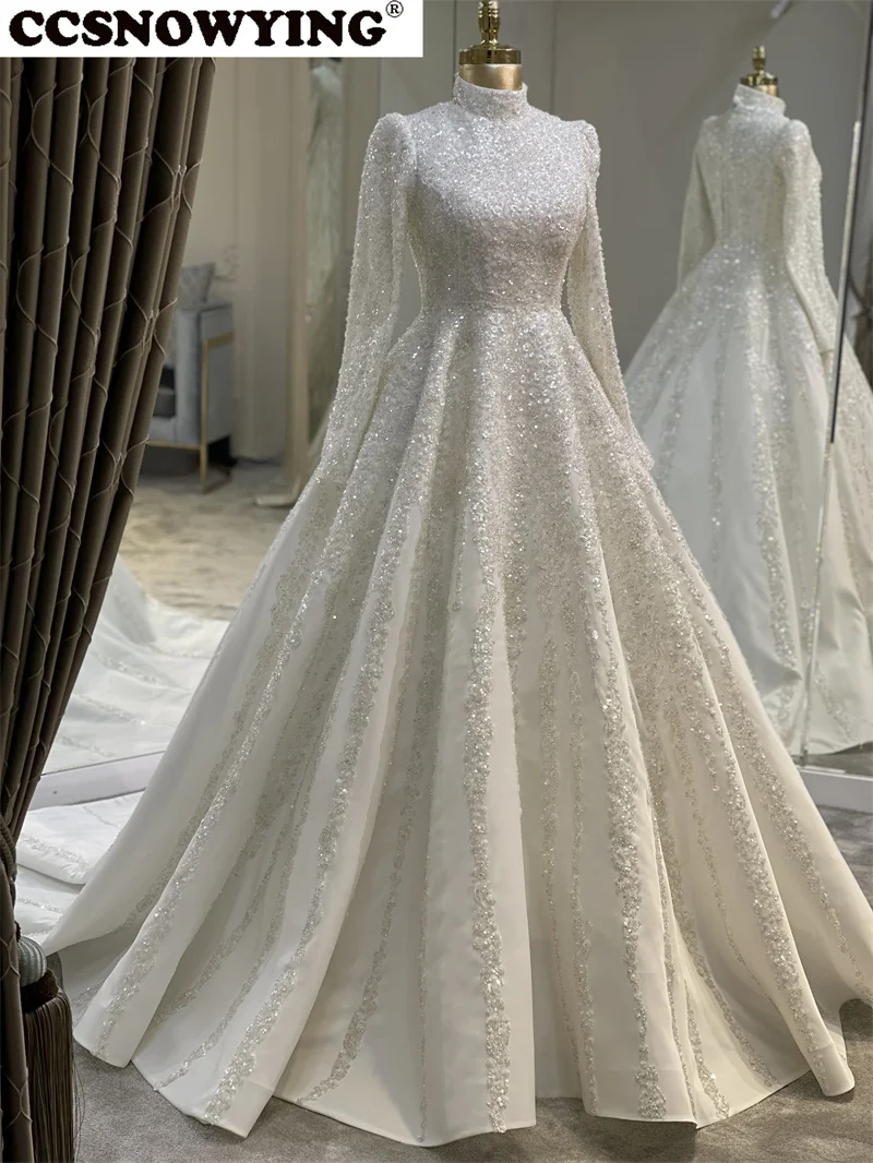 Luxury Satin Appliques Wedding Dress for Bride Long Sleeve High Neck Dubai Arabic Hijab Muslim Bride Gown Vestidos De Novia 6