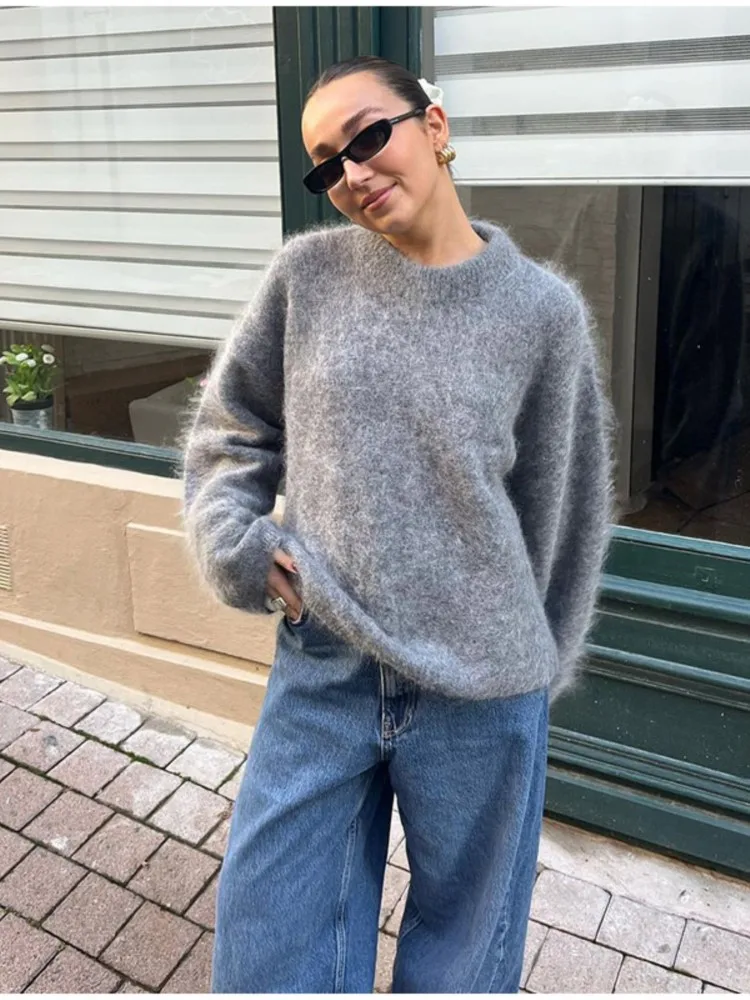 

Women Solid O-neck Mohair Knitted Sweater Autumn Fashion Long Sleeve Pullover Jumper 2023 Vintage Loose Basic Female Knitwear