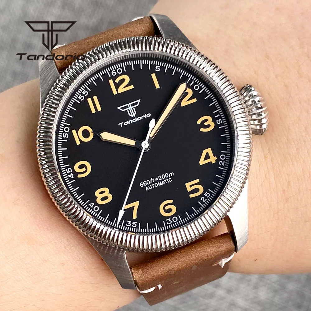 

Tandorio 39mm Dress 20Bar Pilot Dive Automatic Watch for Men Fluted Bezel Big Screw Crown NH35A PT5000 Sapphire Luminous Leather