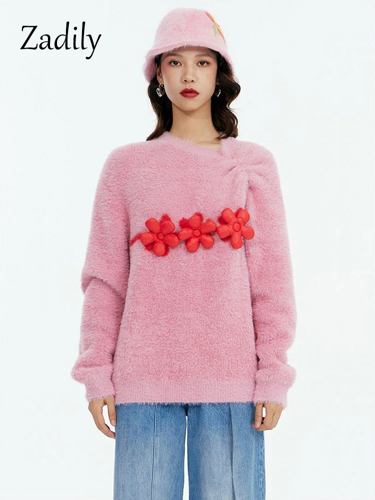 

Zadily 2023 Korea Style Long Sleeve Women Flower Embroidery Sweater Casual Appliques O Neck Knit Pullover Warm Female Clothing