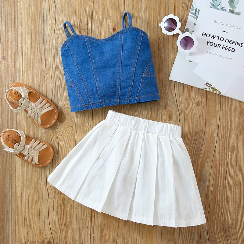Fashion Denim Top with Pleaded Skirt Set 1