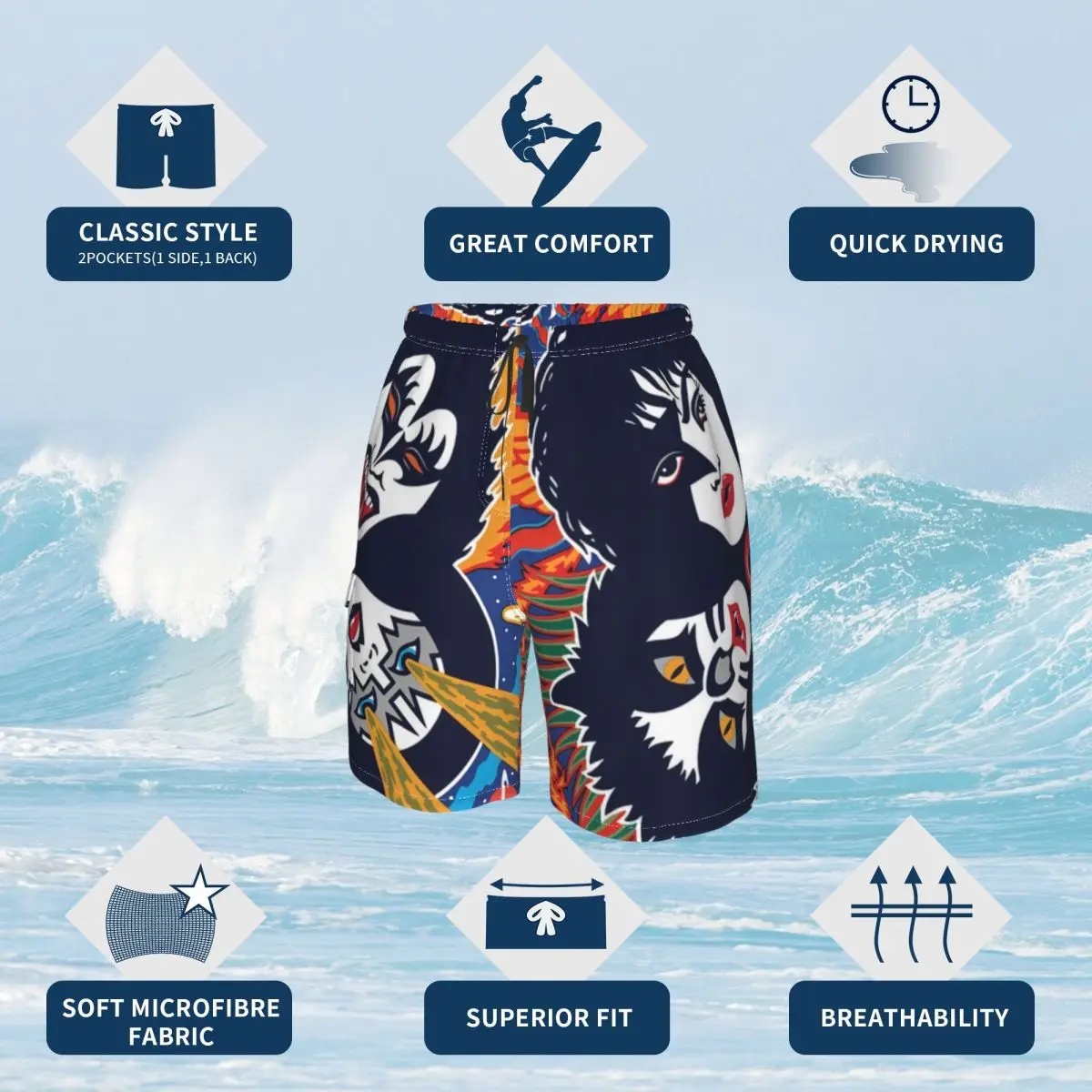 Kiss Band Board Shorts Kiss Music Comfortable Beach Short Pants Men\'s Custom Large Size Swimming Trunks Birthday Present