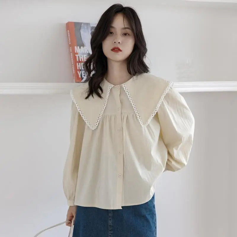 

2024 Women Spring Autumn French Retro Long Sleeve Loose Shirt Female Lapel Solid Color Shirts Ladies Buttons Casual Blouses J330