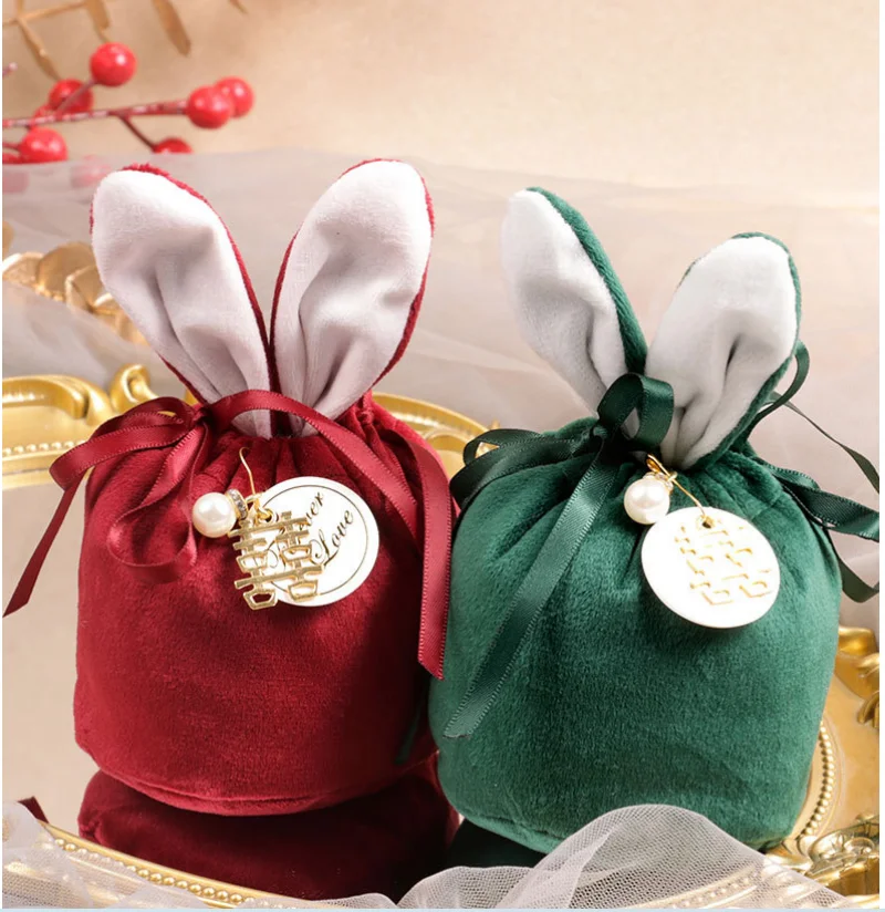 2 Pezzi Sacchetti Pasquali In Tela Con Orecchie Di Coniglio E Coulisse - 26x20 Cm Per Caccia Alle Uova