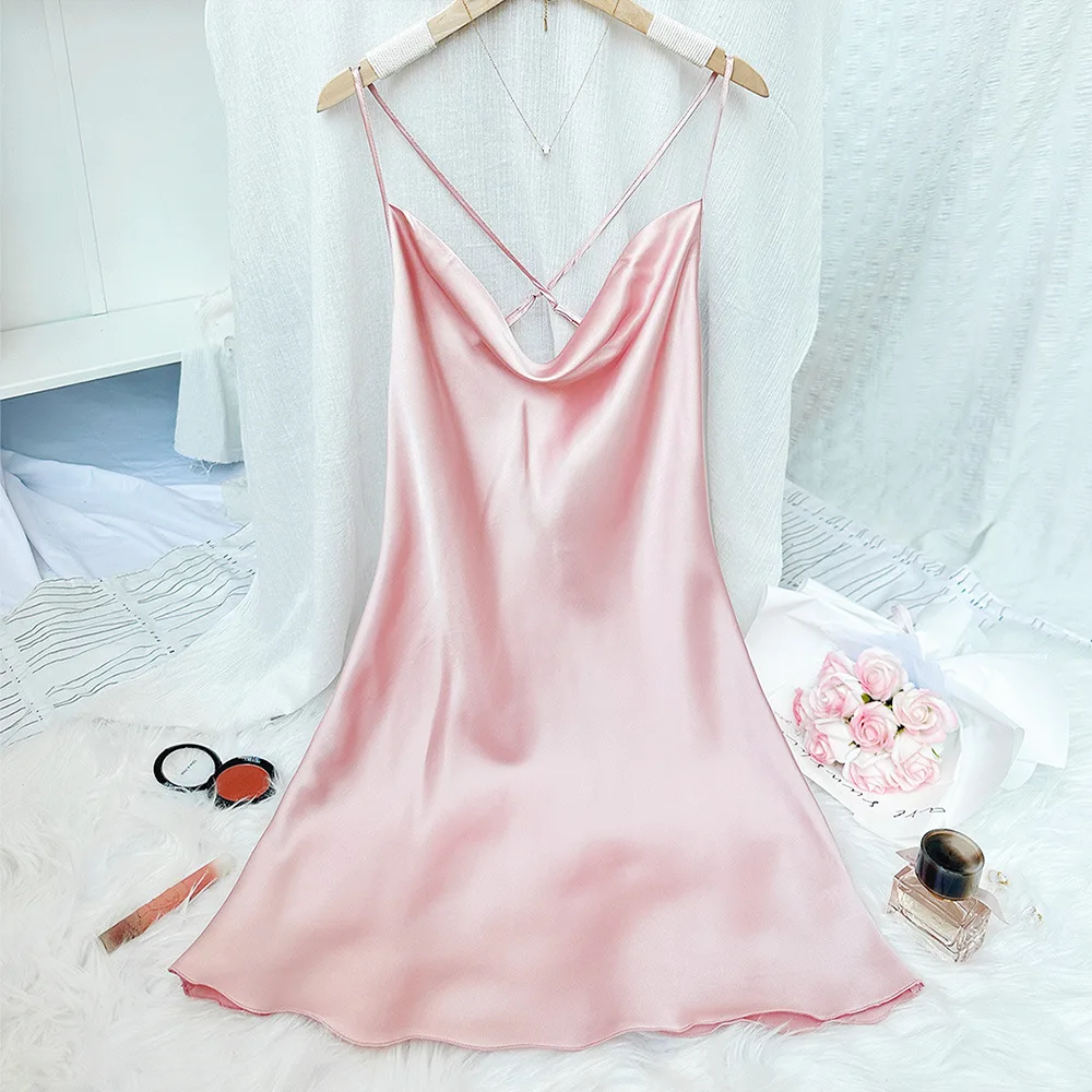 

2024 New Spring Summer Home Dressing Gown Nightwear Women Satin Sleepwear Nightgown Backless Loungewear Rayon Lingerie