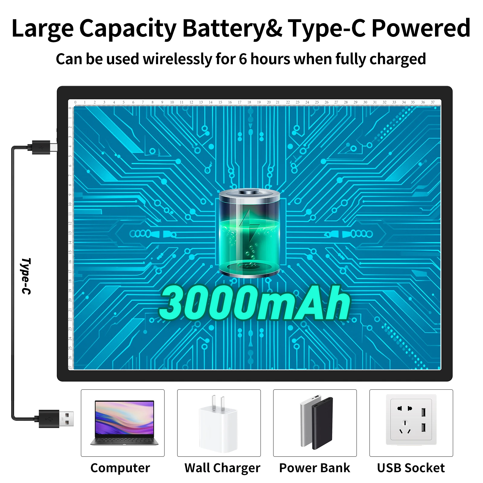 3000mAh 충전식 배터리가 장착된 무선 A3 LED 라이트 패드, 3가지 색상 무단계 조광 및 6단계 밝기 조절 조명