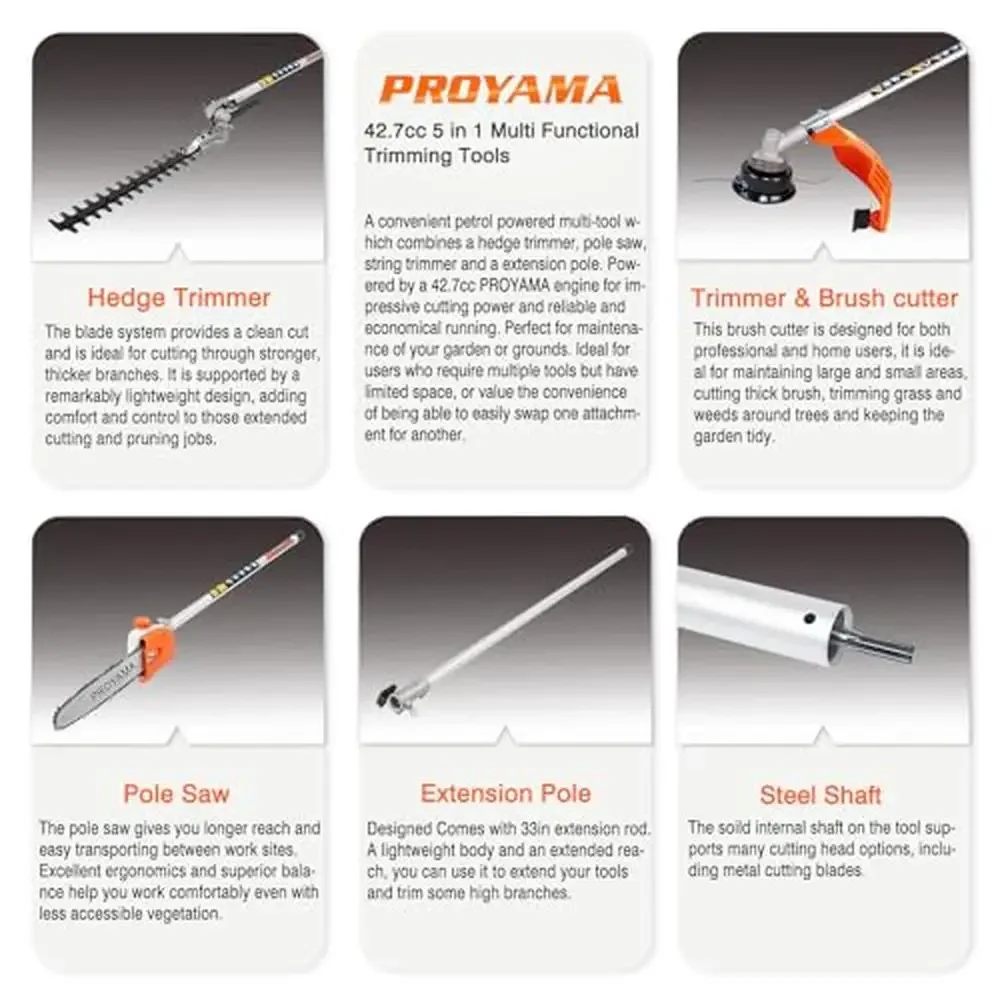5-in-1 Powerful Gas Trimming Tools Hedge Trimmer Weed Eater Brush Cutter Pole Saw EPA Certified Engine Adjustable Length 42.7cc