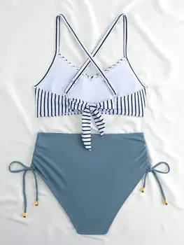 High Waist Criss-Cross Strap Bikini Set For Women, Adjustable Drawstring, Striped Top, Solid Bottom