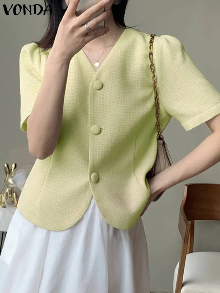 

VONDA Women Elegant Office Blazer 2023 Summer Sexy Casual Solid Color V-Neck Buttons Short Sleeve Party Coats Outcoats Femininas