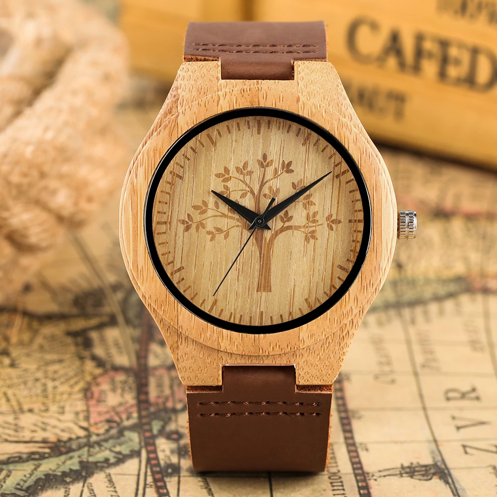 

Nature Bamboo Wood Wristwatch for Men Casual Life Tree Dial Creative Men's Watches Leather Band Watch Timepieces Male Clock Gift