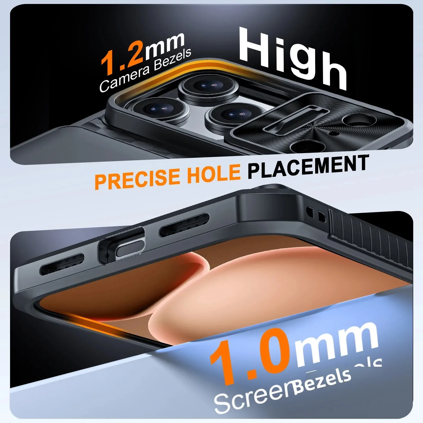 Sleek Black Phone Case with Card Holder, Sliding Camera Cover, and Stand