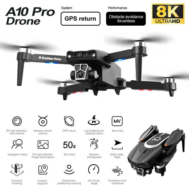 New A10 PRO Mini Drone 8K Professional Obstacle Avoidance 6K DualHD Camera 5G Brushless Motor Foldable Quadcopter Gifts Toy drone quadcopter