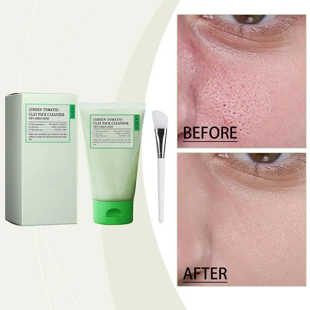 Green Tomato Clay Mask,Fully Green Tomato Clay Mask Cleanser, Green Tea Exfoliating Gel Cleanser Nourishing Cleanser Facial Care 6