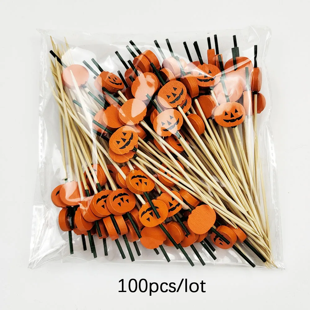 100 Stücke Halloween Kürbis Bambus Spieße Obst Gabel Dessert Salat Gemüse Einweg Sticks Zahnstocher Spieß Halloween Decor – Detail 16