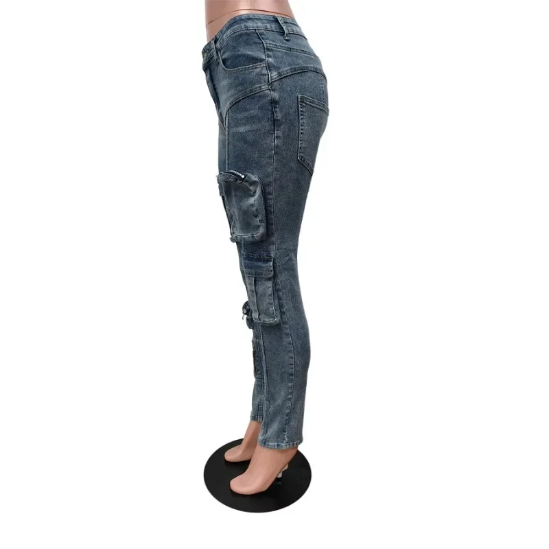 Women Skinny Cargo Jeans Pants Autumn Winter High Waist Button Zipper Casual Bodycon All Match Y2k Trousers Hipster Streetwear