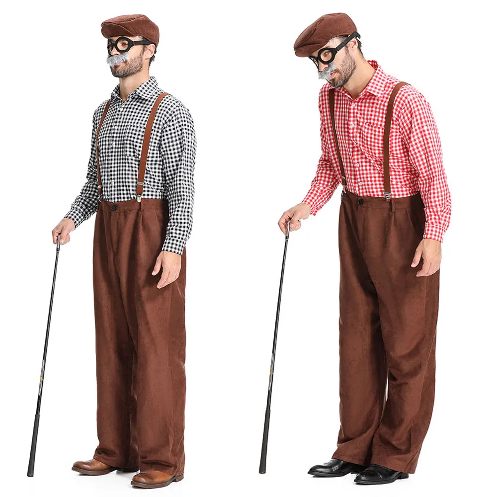 Umorden Adult Men's Grandpa Old Man Costume Simple Set Trousers With Suspenders Red Black Plaid Shirt Hat Mustache Glasses