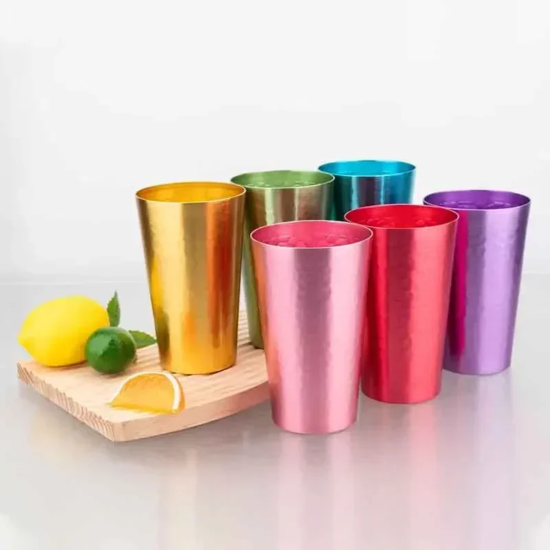 6PCS Colorful Hammered Aluminum Cups with Gift Box–Reusable Metal Tumblers for Cold Drinks, Juice, Wine–Cheers To Life Design L