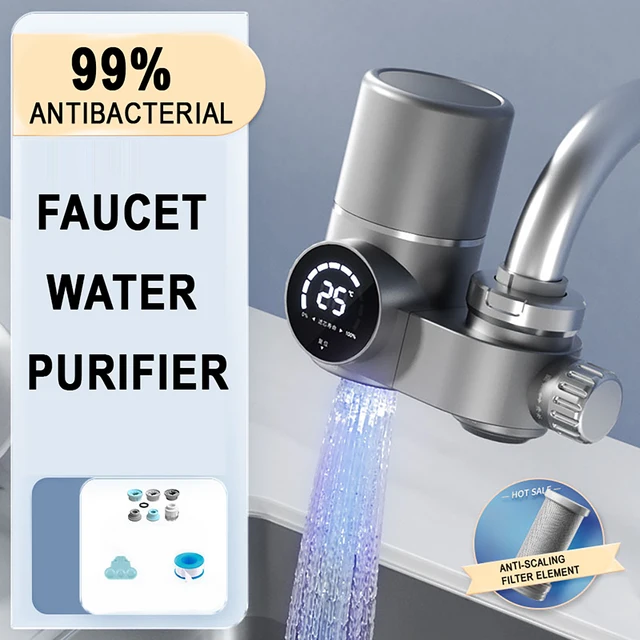 ตัวกรองน้ำติดก๊อกน้ำ พร้อมแสง UV และจอ LED, ตัวกรองก๊อกน้ำสำหรับครัว ป้องกันตะกรันและฆ่าเชื้อโรค อุปกรณ์เสริมก๊อกน้ำ 1