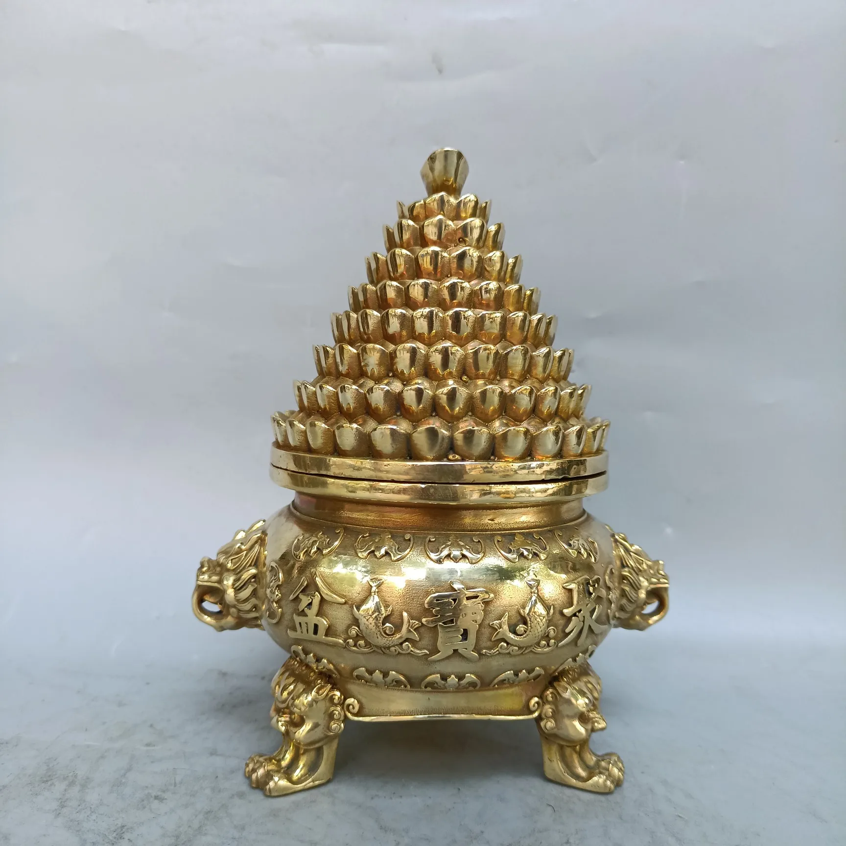 

12"Tibetan Temple Collection Old Brass Yuanbao Coin Treasure Pot Dragon Head Ear Cornucopia Amass wealth Ornaments Town house