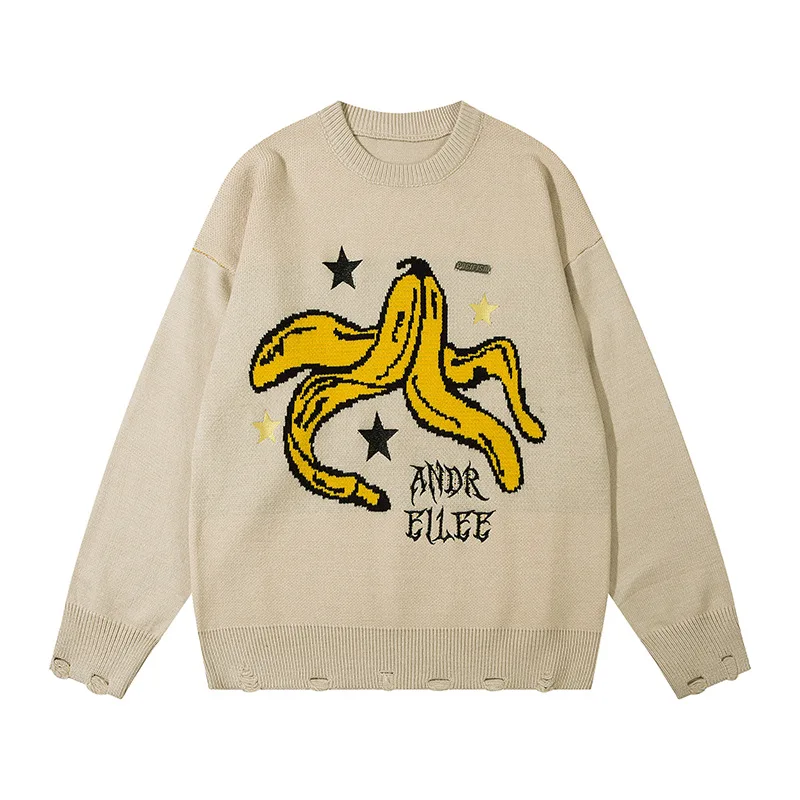 

Street Fashion Banana Print Men's Sweater Round Neck Letter Comfortable Casual Loose Knitted Couple Harajuku Hip Hop Pullover