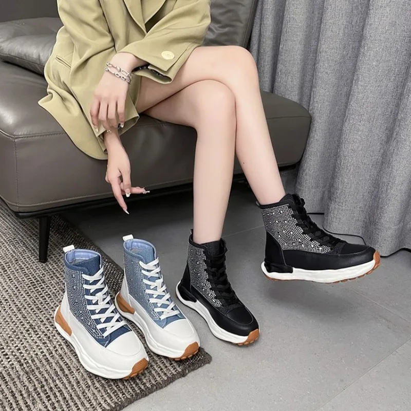 

2023 Hot Sales Burst Large-size Short Boots Women Autumn New Rhine-diamond Thick Sole Fashion Boots Woman Designer Shoes