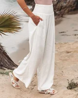 Elegant Retro Solid Baggy Pants Women Loose Elastic High Waist Pocket Vintage Linen Wide Leg Pants Streetwear Office Trousers - Image 6