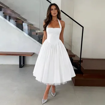 Elegante Abito Midi Bianco Francese da Donna per Invitate a Matrimoni, con Halter, Corsetto, Fiocco Posteriore e Gonna Svasata in Tulle, ideale per Addio al Nubilato e Feste Cocktail