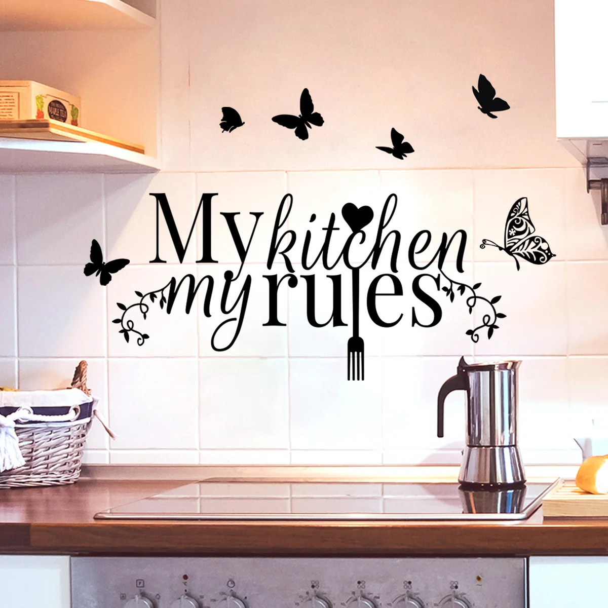 30*60cm English My Kitcheny Butterfly Wall Stickers Creative Dining Room Kitchen Home Decoration Wall Stickers Wallpaper Ms475