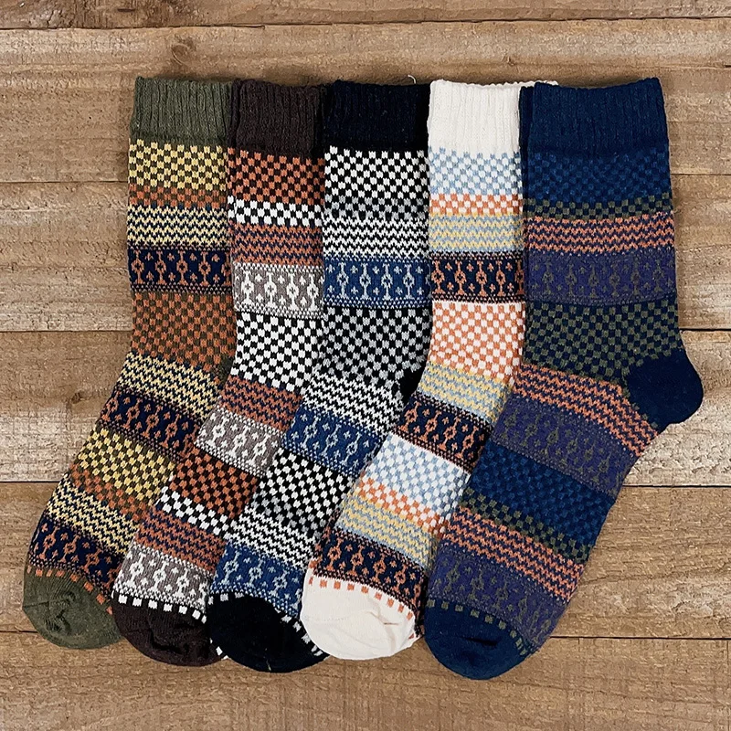 5 Pairs Lot Pack Autumn Winter New Men Women Socks Retro Wool Thickened Warm Casual High Quality Snow Socks Christmas Gift 42-47