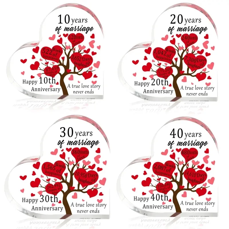 

Tree Print Acrylic Heart Plaque 10 20 30 40 Years of Marriage Anniversary Gift for Women Man Mom Dad Parents Keepsake Desk Decor