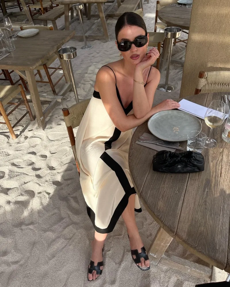 V Neck Backless Maxi Dresses For Women Color Block Slim Sexy Sundress Femme Street Fashion Party Temperament Dress Woman